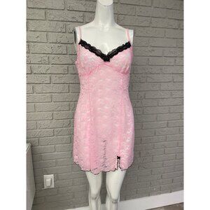 Women's Adorable Sheer Pink & Black Lace Lingerie Sleepwear Slip Dress Size L